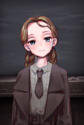 Rule 34 | 1girl, absurdres, blonde hair, blue eyes, blush, braid, crying, crying with eyes open, darandy, female focus, formal, highres, looking at viewer, necktie, original, pinstripe pattern, pinstripe suit, shirt tucked in, solo, striped, suit, tears, twin braids, upper body