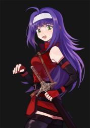 Rule 34 | 1girl, ahoge, bad id, bad pixiv id, bare shoulders, black background, black thighhighs, breasts, cowboy shot, dated, elbow gloves, fingerless gloves, fire emblem, fire emblem: path of radiance, fire emblem: radiant dawn, gloves, green eyes, headband, kmkr, long hair, looking at viewer, medium breasts, mia (fire emblem), nintendo, open mouth, purple hair, scabbard, sheath, sheathed, shirt, signature, simple background, sleeveless, smile, solo, sword, thighhighs, weapon, zettai ryouiki
