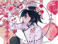 Rule 34 | 1boy, alternate costume, artist name, black eyes, black hair, black pants, cherry blossoms, closed mouth, commentary, danganronpa (series), danganronpa v3: killing harmony, flower, hair between eyes, hair flower, hair ornament, hand up, hat, highres, jacket, knee up, lampion, long sleeves, looking to the side, male focus, oma kokichi, pants, pink flower, red flower, rina (crystalrina), short hair, sleeves past wrists, solo, upper body, white background, white jacket
