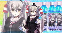 10s 1girl amatsukaze_(kancolle) blush bottle brown_eyes dress female_focus highres kantai_collection long_hair looking_at_viewer sailor_dress school_uniform silver_hair solo sora_to_umi thighhighs twintails two_side_up water