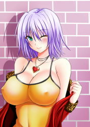 Rule 34 | 1girl, ;), bare shoulders, black cat (series), blue hair, blush, breasts, cleavage, cless (tamaota), closed mouth, collarbone, covered erect nipples, covered navel, fur trim, green eyes, heart, heart necklace, impossible clothes, jacket, large breasts, looking at viewer, necklace, off shoulder, one eye closed, red jacket, rinslet walker, short hair, smile, solo, upper body