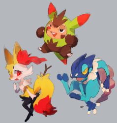 Rule 34 | animal ear fluff, black eyes, braixen, commentary request, creature, creatures (company), extyrannomon (artist), frogadier, full body, furry, game freak, gen 6 pokemon, grey background, highres, holding, holding stick, looking at viewer, nintendo, pokemon, pokemon (creature), quilladin, red eyes, simple background, starter pokemon trio, stick, yellow eyes