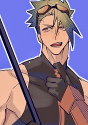 Rule 34 | 1boy, achilles (fate), achilles (fearless diver) (fate), black shirt, blue background, clothes pull, collarbone, fate/grand order, fate (series), gauntlets, goggles, goggles on head, green hair, haruakira, highres, male focus, muscular, muscular male, open mouth, orange eyes, outline, polearm, shirt, shirt pull, short hair, sleeveless, sleeveless shirt, solo, teeth, upper body, weapon, white outline