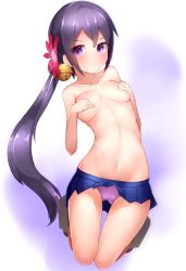 Rule 34 | 10s, 1girl, akebono (kancolle), bell, blue skirt, blush, boruhis, breast hold, breasts, covering privates, covering breasts, flower, gluteal fold, gradient background, hair bell, hair flower, hair ornament, hip focus, jingle bell, kantai collection, kneeling, long hair, looking at viewer, navel, panties, pantyshot, ponytail, purple eyes, purple hair, purple panties, simple background, skirt, solo, thighs, topless, underwear, white background