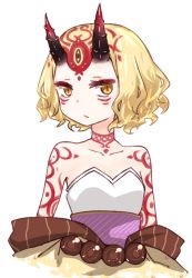 Rule 34 | 1girl, :/, alternate hair length, alternate hairstyle, bare shoulders, blonde hair, collarbone, commentary request, facial mark, fate/grand order, fate (series), frown, horns, i.u.y, ibaraki douji (fate), japanese clothes, looking at viewer, oni, oni horns, short hair, simple background, solo, tattoo, white background, yellow eyes
