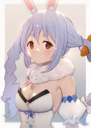 Rule 34 | 1girl, animal ear fluff, animal ears, bare shoulders, black leotard, blue hair, blush, braid, closed mouth, commentary, detached sleeves, don-chan (usada pekora), dress, grey background, hair between eyes, highres, hololive, leotard, long hair, looking at viewer, multicolored hair, puffy short sleeves, puffy sleeves, rabbit ears, red eyes, short eyebrows, short sleeves, strapless, strapless dress, strapless leotard, symbol-only commentary, thick eyebrows, twin braids, twintails, two-tone hair, uneg, upper body, usada pekora, usada pekora (1st costume), virtual youtuber, white dress, white hair, white sleeves