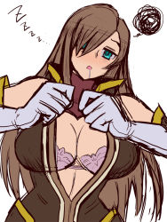 Rule 34 | 00s, 1girl, bandai, bare shoulders, bra, breasts, brown hair, cleavage, coat, collar, covering privates, covering one eye, empty eyes, female focus, gloves, green eyes, hair over one eye, hypnosis, large breasts, long hair, looking at viewer, military, military uniform, mind control, namco, open clothes, open mouth, pink bra, purple bra, saliva, simple background, solo, standing, submission, tales of (series), tales of the abyss, tear grants, hypnosis, underwear, undressing, uniform, upper body, white background, white gloves, zero hime