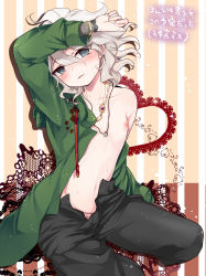 Rule 34 | 1boy, arm up, bad id, bad pixiv id, black pants, blue eyes, blush, bracelet, collarbone, commentary request, danganronpa (series), danganronpa 2: goodbye despair, gem, grey eyes, grey hair, heart, hoshihuri, jewelry, komaeda nagito, lace, looking at viewer, male focus, navel, necklace, nipples, off shoulder, open clothes, open fly, open pants, pale skin, panties, pants, parted lips, pink panties, ring, ring necklace, smile, solo, striped, striped background, topless male, translation request, unbuttoned, underwear, unzipped