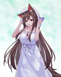 Rule 34 | 1girl, alternate costume, animal ear fluff, animal ears, breasts, brown hair, commentary request, dress, hashi2387, hat, highres, holding, holding clothes, holding hat, imaizumi kagerou, jewelry, large breasts, long hair, looking at viewer, open mouth, pendant, red eyes, sleeveless, solo, tail, touhou, white dress, white hat, wolf ears, wolf girl, wolf tail