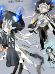 Rule 34 | 1girl, abyssal ship, akino shuu, animal, character name, closed mouth, colored skin, dress, glowing, glowing eyes, grey background, jellyfish, kantai collection, long hair, multiple views, new mass-produced aircraft carrier princess, orange eyes, parted lips, simple background, twitter username, white dress, white hair, white skin