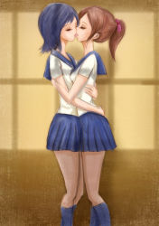 Rule 34 | 2girls, blue hair, brown hair, coco (pixiv artist 1131293), closed eyes, hug, kiss, multiple girls, ponytail, school uniform, yuri