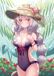 Rule 34 | 1girl, blush, bow, bracelet, braid, breasts, cleavage, closed mouth, collarbone, covered navel, cowboy shot, dappled sunlight, flower, flower knight girl, grey hair, hat, hat bow, hototogisu (flower knight girl), jewelry, kusumoto miya, large breasts, leaf, long hair, looking at viewer, neck, one-piece swimsuit, pink bow, purple eyes, purple one-piece swimsuit, smile, solo, standing, sun hat, sunlight, swimsuit, tree
