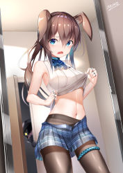 Rule 34 | 1boy, 1girl, absurdres, amiya (arknights), animal ears, anklet, arknights, armpits, artist name, bare arms, bare shoulders, blue eyes, blue skirt, breasts, bridal garter, brown hair, clothes lift, cowboy shot, doctor (arknights), eyes visible through hair, hair between eyes, highres, jewelry, lifted by self, long hair, looking at viewer, medium breasts, midriff, miniskirt, minoominoomi, mirror, multiple rings, navel, open clothes, open mouth, open skirt, pantyhose, plaid, plaid skirt, pleated skirt, ponytail, rabbit girl, ring, shirt, shirt lift, skirt, sleeveless, sleeveless shirt, solo focus, standing, stomach, unbuttoned, unbuttoned skirt, wavy mouth