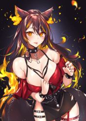 Rule 34 | 1girl, animal ears, belt, black background, black belt, black skirt, blush, bracelet, breasts, brown hair, chain, cleavage, clothes pull, collar, collarbone, commission, fire, highres, indie virtual youtuber, jewelry, kasumi komo, large breasts, multicolored hair, off-shoulder shirt, off shoulder, orange eyes, orange hair, red shirt, second-party source, shirt, shirt pull, sinder (vtuber), skeb commission, skirt, solo, spiked bracelet, spiked collar, spikes, streaked hair, tongue, tongue out, virtual youtuber, wolf ears, wolf girl