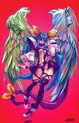 Rule 34 | 1boy, 2girls, angel wings, arc system works, belt, blood, blue hair, breasts, cleavage, demon wings, dizzy (guilty gear), feathers, floating, flying, guilty gear, guilty gear x, high heels, highres, jeff zornow, levitation, long hair, looking at viewer, monster boy, monster girl, multiple girls, necro (guilty gear), purple eyes, revealing clothes, ribbon, shadow, simple background, skull, tail, thong, underboob, undine (guilty gear), very long hair, wings