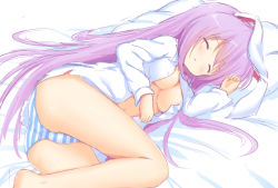 Rule 34 | 1girl, animal ears, areola slip, ass, bare legs, barefoot, bed sheet, breasts, center opening, chestnut mouth, closed eyes, cowboy shot, hakuto (28syuku), long hair, long sleeves, lying, no bra, no pants, on side, open clothes, open shirt, panties, pillow, pink hair, rabbit ears, reisen udongein inaba, shiny skin, shirt, sketch, sleeping, solo, striped clothes, striped panties, swept bangs, thighs, touhou, underwear, very long hair