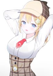 Rule 34 | 1girl, absurdres, blonde hair, blue eyes, brown skirt, collared shirt, detective, hair ornament, hat, highres, hololive, hololive english, long sleeves, looking at viewer, mustache print, necktie, open mouth, pocket watch, red necktie, shirt, skirt, solo, starfox1015, virtual youtuber, watch, watson amelia, watson amelia (1st costume), white shirt
