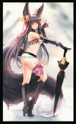 Rule 34 | 1girl, ;), absurdres, animal ears, artist name, ass, bare shoulders, bell, black border, black footwear, black gloves, black hair, blunt bangs, boots, border, closed umbrella, ehrrr, elbow gloves, erune, fang, fox ears, fox shadow puppet, fox tail, from side, gloves, granblue fantasy, grin, hair bell, hair ornament, hand up, high heel boots, high heels, highres, jingle bell, knee boots, leg ribbon, long hair, looking at viewer, micro shorts, one eye closed, outstretched arm, pink eyes, pink ribbon, race queen, ribbon, shorts, smile, solo, tail, teeth, thigh ribbon, twitter username, umbrella, very long hair, yuel (granblue fantasy)