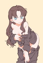 Rule 34 | 1girl, blue eyes, breasts, brown hair, clothes pull, fate/stay night, fate (series), hair down, medium breasts, noromahiko, pants, pants pull, simple background, solo, tohsaka rin, two side up, undressing