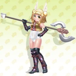 Rule 34 | 1girl, alternate costume, alternate weapon, arm up, armor, bare shoulders, black gloves, black thighhighs, blonde hair, blunt bangs, bob cut, commentary request, double bun, drop shadow, elbow gloves, full body, gloves, gradient background, hair bun, hair ribbon, hand on own hip, haniwa (statue), japanese armor, joutouguu mayumi, looking at viewer, old school swimsuit, one-piece swimsuit, over-kneehighs, patterned background, polearm, ribbon, school swimsuit, short hair, solo, standing, suneate, swimsuit, thighhighs, touhou, vambraces, vest, weapon, weapon request, white one-piece swimsuit, winn, yellow background, yellow eyes