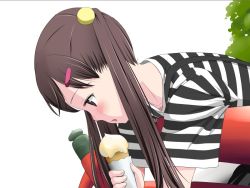 Rule 34 | 1girl, brown eyes, brown hair, female focus, food, hair ornament, hairclip, ice cream, kaeri no kai, nature, open mouth, shirt, solo, striped clothes, striped shirt, suspenders, twintails