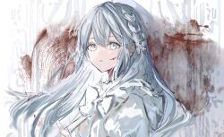 Rule 34 | 1girl, absurdres, bad id, bad twitter id, blood, blood on face, bow, braid, closed mouth, dress, dress bow, expressionless, from side, gawako, gradient hair, grey eyes, grey hair, hair between eyes, hair over shoulder, highres, long hair, looking at viewer, multicolored hair, original, sidelocks, sketch, solo, swept bangs, upper body, white bow, white dress, white hair