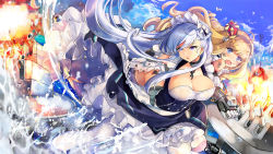 Rule 34 | 2girls, ahoge, ass, azur lane, bare shoulders, belfast (azur lane), blonde hair, blue eyes, blue hair, blush, bow, braid, breasts, carrying, chain, cleavage, cloud, collar, crown, curly hair, day, dress, fang, fire, floating hair, hairband, highres, large breasts, long hair, machinery, maid headdress, mini crown, multiple girls, open mouth, outdoors, purple eyes, queen elizabeth (azur lane), shida (xwheel), sky, very long hair, water, water drop, white bow