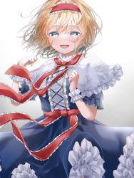 Rule 34 | 1girl, :d, alice margatroid, blonde hair, blue dress, blue eyes, capelet, cross-laced clothes, dress, frilled dress, frilled hairband, frills, furawast, gradient background, hairband, highres, lolita hairband, looking at viewer, open mouth, red hairband, short hair, short sleeves, smile, solo, standing, touhou, white background, white capelet, wrist cuffs