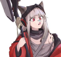 Rule 34 | 1girl, animal ears, arknights, axe, bare shoulders, black headwear, blunt bangs, commentary, ears through headwear, eyuffjaff, fox ears, frostleaf (arknights), grey hair, grey shirt, holding, holding axe, holding weapon, jacket, long hair, long sleeves, material growth, off-shoulder shirt, off shoulder, oripathy lesion (arknights), red eyes, red jacket, shirt, simple background, solo, tongue, tongue out, upper body, weapon, white background