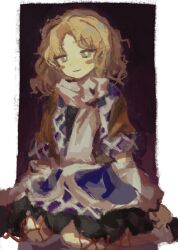 Rule 34 | 1girl, arm warmers, black shirt, blonde hair, blush stickers, breasts, bright pupils, brown capelet, capelet, closed mouth, frilled skirt, frills, green eyes, highres, kneeling, looking at viewer, mizuhashi parsee, photoshop (medium), purple skirt, scarf, shirt, skirt, small breasts, smile, solo, touhou, white pupils, white scarf, youshouhaoxianzhe