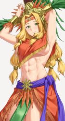 Rule 34 | 1girl, abs, armpits, arms behind head, arms up, blonde hair, bracer, breasts, chin piercing, cleavage, commentary, fate/grand order, fate (series), feathers, green eyes, headband, headdress, jewelry, large breasts, long hair, looking at viewer, muscular, muscular female, navel, neck ring, parted bangs, poncho, quetzalcoatl (fate), sarhce, sash, sideboob, smile, thighs