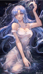 Rule 34 | 1girl, absurdres, bare arms, bare shoulders, black background, blue hair, breasts, chinese commentary, cleavage, commentary request, dress, eyelashes, full body, hand on lap, hand up, highres, hydrokinesis, kneeling, large breasts, long dress, long hair, looking at viewer, mubai jiang, original, parted bangs, parted lips, partially submerged, pink lips, purple eyes, ripples, sample watermark, see-through, see-through dress, short sleeves, sidelocks, solo, teeth, very long hair, water, watermark, weibo logo, weibo username, white dress, white sleeves