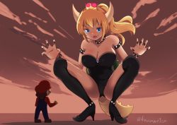 Rule 34 | 1boy, 1girl, armlet, bare shoulders, black legwear, blonde hair, blue eyes, bowsette, breasts, brown hair, claw pose, cleavage, crown, fangs, giant, giantess, high heels, horns, large breasts, leotard, long hair, mario, mario (series), new super mario bros. u deluxe, nintendo, noneto, open mouth, short hair, squatting, standing, super crown, tail, tongue, tongue out, twitter username