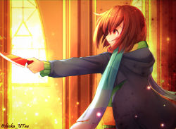 Rule 34 | 1other, artist name, bad id, bad pixiv id, blue hoodie, blush stickers, brown eyes, brown hair, chara (undertale), coat, commentary request, green sweater, highres, holding, holding knife, hood, hoodie, jacket, knife, rainbow scarf, scarf, shioka rei, short hair, storyswap, striped clothes, striped sweater, sunlight, sweater, torn clothes, undertale, window