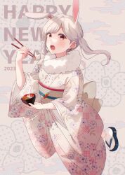 Rule 34 | 1girl, :o, animal ears, blush, bowl, carrot earrings, chopsticks, earrings, floral background, floral print, food-themed earrings, food themed earrings, foot out of frame, hanako151, happy new year, highres, holding, holding bowl, holding chopsticks, japanese clothes, jewelry, kimono, leg up, long sleeves, looking at viewer, medium hair, new year, obi, open mouth, orange eyes, original, print kimono, rabbit ears, sandals, sash, socks, solo, standing, swept bangs, twintails, upper body, white hair, white kimono, white socks, wide sleeves, yellow background, zouri