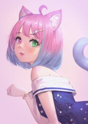 Rule 34 | 1girl, ahoge, animal ear fluff, animal ears, bare arms, bare shoulders, bracelet, candy hair ornament, cat ears, cat girl, cat tail, commentary, double-parted bangs, dress, food-themed hair ornament, from side, gradient hair, green eyes, hair ornament, hairclip, heterochromia, highres, himemori luna, himemori luna (sundress), hololive, jewelry, leaning forward, light blush, looking at viewer, looking to the side, multicolored hair, parted lips, paw pose, pink background, pink eyes, pink hair, print dress, purple hair, short hair, simple background, solo, star (symbol), star print, tail, takami masahiro, virtual youtuber