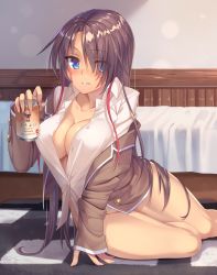 Rule 34 | 1girl, alcohol, arm support, bare legs, bed, beer, blue eyes, blush, breasts, brown hair, cleavage, collarbone, curvy, drunk, facial mark, holding, kanpani girls, large breasts, long hair, looking at viewer, lyle warwick, no bra, no panties, no pants, on floor, parted lips, shiny skin, smile, solo, taletale, unbuttoned, unbuttoned shirt, very long hair, wide hips