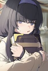 Rule 34 | 1girl, black hair, blue archive, blush, book, cardigan, grey cardigan, hairband, highres, holding, holding book, long hair, long sleeves, looking at viewer, open mouth, purple eyes, purple hairband, shioda (shioda 5), solo, ui (blue archive), upper body