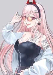 Rule 34 | 1girl, adjusting eyewear, arm tattoo, bare shoulders, belt, black belt, black corset, black hairband, blue skirt, breast tattoo, breasts, cleavage, clothes pull, collarbone, commission, corset, earrings, fang, girls&#039; frontline, grey background, hair ornament, hairband, hairclip, hand on eyewear, hand on own stomach, highres, jewelry, long hair, long sleeves, looking at viewer, medium breasts, mole, mole under eye, neck tattoo, open clothes, open mouth, open shirt, pink hair, purple eyes, shirt, shirt pull, sig mcx (girls&#039; frontline), skeb commission, skirt, smile, solo, sorayan 03, spade (shape), spade earrings, sunglasses, tattoo, tongue, tongue out, upper body, white shirt