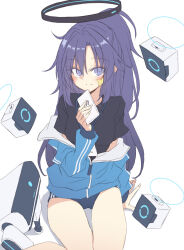 Rule 34 | 1girl, arm support, black shirt, blue archive, blue eyes, blue hair, blue jacket, blush, cellphone, closed mouth, collarbone, commentary, drone, from above, halo, holding, holding phone, jacket, lanyard, long hair, mechanical halo, partially unzipped, phone, ponytail, satou kibi, shirt, sidelocks, sitting, smartphone, smile, solo, star sticker, sticker on face, swept bangs, thigh gap, very long hair, yokozuwari, yuuka (blue archive), yuuka (track) (blue archive), zipper
