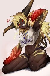 Rule 34 | 1girl, absurdres, anger vein, armpits, barefoot, blonde hair, breasts, clenched teeth, commentary request, dark-skinned female, dark skin, denim, denim shorts, dragon girl, ekrea jan, electricity, fang, hair between eyes, highres, horns, humanization, kneeling, long hair, medium breasts, monster girl, monster hunter (series), muscular, muscular female, navel, on ground, parted lips, rajang, red eyes, shadow, shirt, shorts, simple background, solo, steam, tail, teeth, very long hair, white background, white shirt, wince