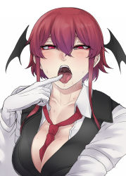 Rule 34 | 1girl, alternate hair length, alternate hairstyle, between breasts, blush, breasts, cleavage, collarbone, demon wings, eyeliner, eyeshadow, gloves, half-closed eyes, highres, koakuma, large breasts, looking at viewer, makeup, naughty face, neck, necktie, necktie between breasts, nicutoka, open clothes, open mouth, open shirt, open vest, oral invitation, pov, red eyes, red necktie, saliva, shirt, short hair, sidelocks, simple background, solo, sweat, teeth, tongue, touhou, upper body, uvula, vest, white background, white gloves, white shirt, wings