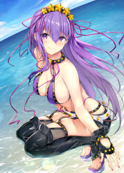 Rule 34 | 1girl, bare shoulders, bb (fate), bb (fate) (all), bb (swimsuit mooncancer) (fate), bb (swimsuit mooncancer) (second ascension) (fate), beach, bead bracelet, beads, belt, bikini, black gloves, black thighhighs, blue sky, blush, bracelet, breasts, cleavage, closed mouth, collarbone, day, earrings, fate/grand order, fate (series), fingerless gloves, gloves, hair between eyes, hair ornament, hair ribbon, hairband, haishiki, high heels, highres, jewelry, large breasts, long hair, looking at viewer, micro shorts, nail polish, neck ribbon, ocean, purple bikini, purple eyes, purple hair, purple ribbon, ribbon, short shorts, shorts, sky, smile, solo, squatting, star (symbol), star earrings, star hair ornament, studded garter belt, swimsuit, thighhighs, thighs, very long hair, white belt