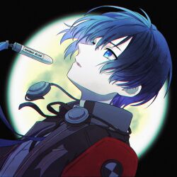Rule 34 | 1boy, armband, black jacket, black ribbon, blue eyes, blue hair, collared shirt, commentary request, digital media player, from side, full body, gekkoukan high school uniform, headphones, headphones around neck, jacket, looking up, male focus, neck ribbon, night, night sky, open clothes, open jacket, parted lips, persona, persona 3, persona 3 reload, red armband, ribbon, s.e.e.s, school uniform, shirt, sky, solo, sorano9, upper body, white shirt, yuuki makoto (persona 3)