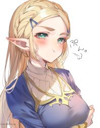 Rule 34 | 1girl, :t, blonde hair, blue shirt, blush, breasts, closed mouth, commentary request, green eyes, hair ornament, hairclip, highres, long hair, long sleeves, looking at viewer, medium breasts, nintendo, pointy ears, pout, princess zelda, shirt, shuri (84k), simple background, solo, the legend of zelda, the legend of zelda: breath of the wild, thick eyebrows, twitter username, upper body, white background
