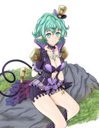 Rule 34 | 1girl, absurdres, bra, breasts, chest jewel, cleavage, closed mouth, collarbone, unworn eyewear, feichu keju, glasses, gloves, grass, highres, holding, holding removed eyewear, jacket, looking at viewer, medium breasts, pandoria (xenoblade), pointy ears, purple bra, purple gloves, purple jacket, purple shorts, rock, short hair, shorts, simple background, sitting, smile, solo, underwear, white background, xenoblade chronicles (series), xenoblade chronicles 2