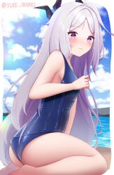 Rule 34 | 1girl, absurdres, ahoge, ass, beach, blue archive, blue sky, blurry, breasts, cloud, cloudy sky, commentary request, demon girl, demon horns, depth of field, forehead, from side, frown, hair ornament, hairclip, highres, hina (blue archive), hina (swimsuit) (blue archive), horns, leaning forward, lens flare, long hair, looking at viewer, mountainous horizon, ocean, official alternate costume, old school swimsuit, one side up, outdoors, outside border, parted bangs, purple eyes, school swimsuit, seiza, sideboob, sidelocks, sitting, sky, sleeveless, small breasts, solo, striped horns, suke (suke oekaki), sunlight, swimsuit, wavy mouth, white hair