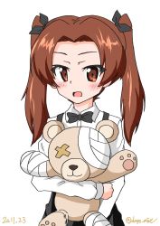 Rule 34 | 1girl, absurdres, bandages, black bow, black bowtie, black ribbon, black skirt, boko (girls und panzer), bow, bowtie, brown eyes, brown hair, collared shirt, commentary request, cosplay, dated, drops mint, girls und panzer, hair ribbon, high-waist skirt, highres, holding, holding stuffed toy, kadotani anzu, long hair, long sleeves, looking at viewer, open mouth, parted bangs, ribbon, shimada arisu, shimada arisu (cosplay), shirt, simple background, skirt, smile, solo, standing, stuffed animal, stuffed toy, suspender skirt, suspenders, teddy bear, twintails, twitter username, white background, white shirt