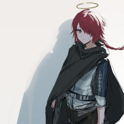 Rule 34 | 1girl, alternate hairstyle, arknights, black cape, black skirt, braid, cape, clothes writing, cowboy shot, exusiai (arknights), hair over one eye, halo, highres, jacket, looking at viewer, one eye covered, orlijiang, red hair, scar, scar on face, shadow, simple background, sketch, skirt, sleeves past elbows, solo, white background, white jacket, yellow eyes