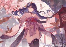 Rule 34 | 1girl, architecture, arms up, bird, blunt bangs, braid, cherry blossoms, east asian architecture, genshin impact, hair flowing over, hair ornament, hand up, japanese clothes, long hair, looking at viewer, mitsudomoe (shape), nokoya, outdoors, purple eyes, purple hair, raiden shogun, single braid, solo, standing, thighs, tomoe (symbol), weibo watermark